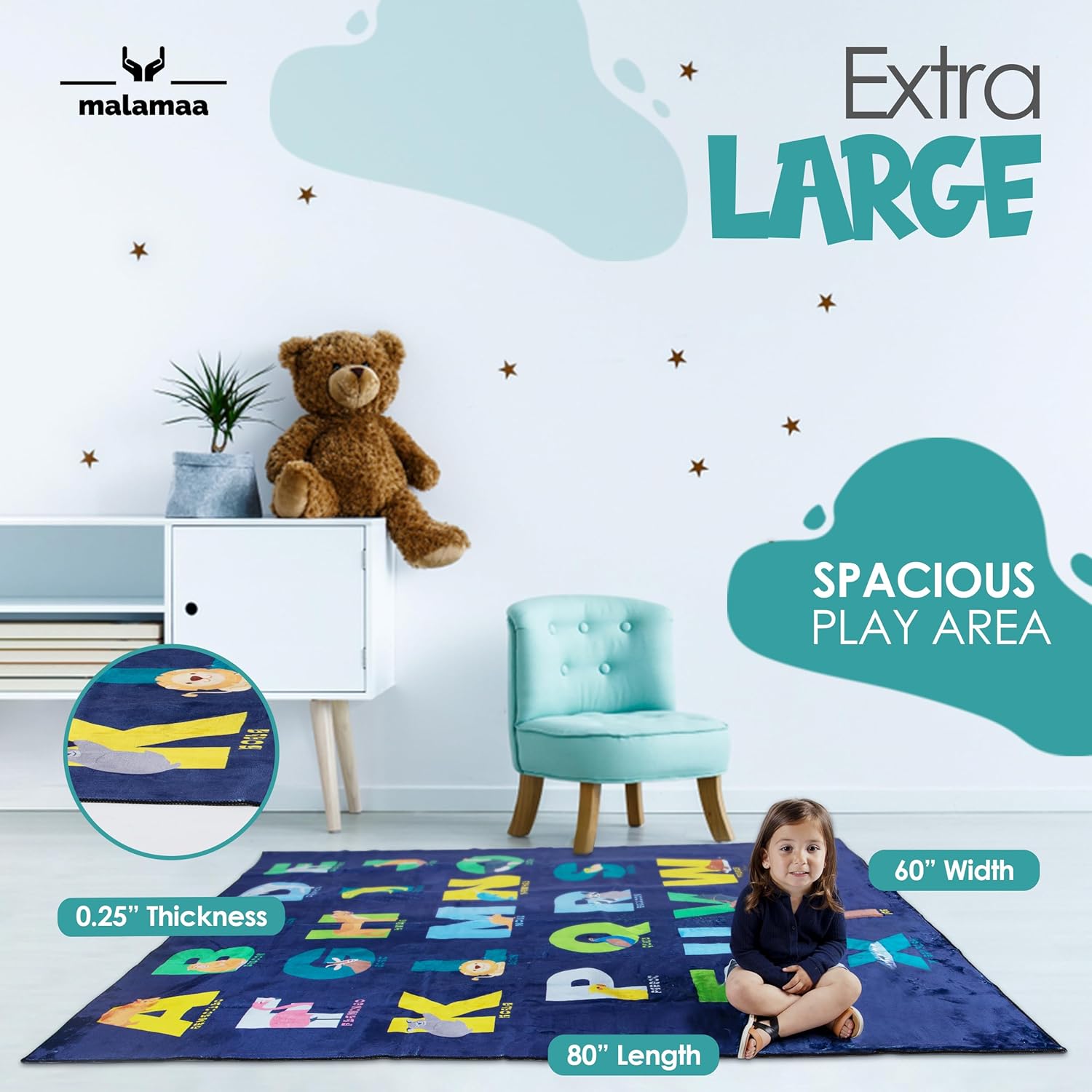 ABC Rug for Kids XL 80" x 60", Toddlers and Baby - Use in Nursery and Classroom to Learn The Alphabet - Nursery Rug, Alphabet Rug, Kids Rugs for Playroom, Rugs for Classroom (Rectangle Blue)