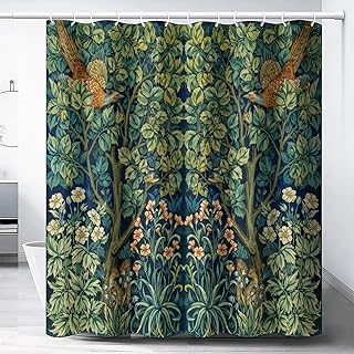 William Morris Style Shower Curtain,Mid Century Vintage Flower Birds Green Plant Abstract Art Print Shower Curtain for Bathroom Decor Fabric Waterproof Upholstery Hook 72x72in