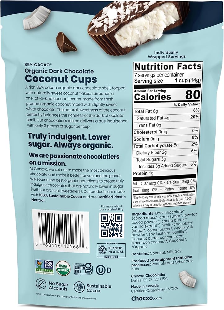Amazon.com : CHOCXO Organic 85% Dark Chocolate Coconut Cups, 3.45