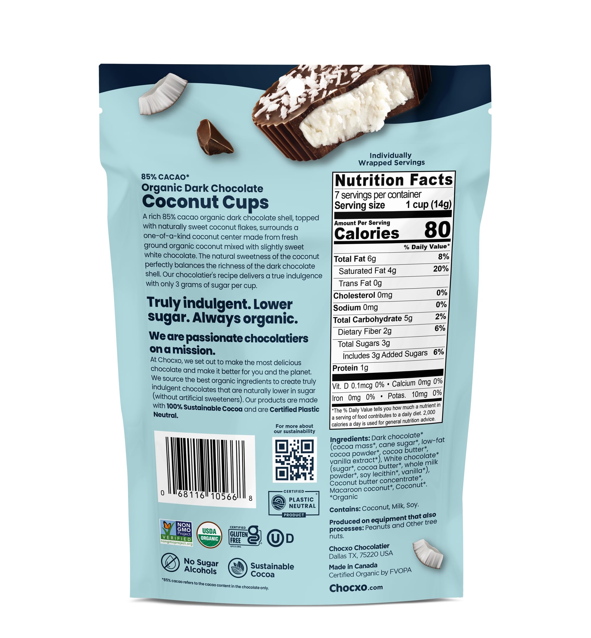Chocxo Coconut Cups Dark Chocolate 85% Organic 3.45 Ounce