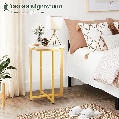 Miniatura 8 de DKLGG Mesa auxiliar moderna dorada, mesa auxiliar pequeña con marco dorado, mesa auxiliar de mármol para sala de estar, dormitorio, espacio pequeño,