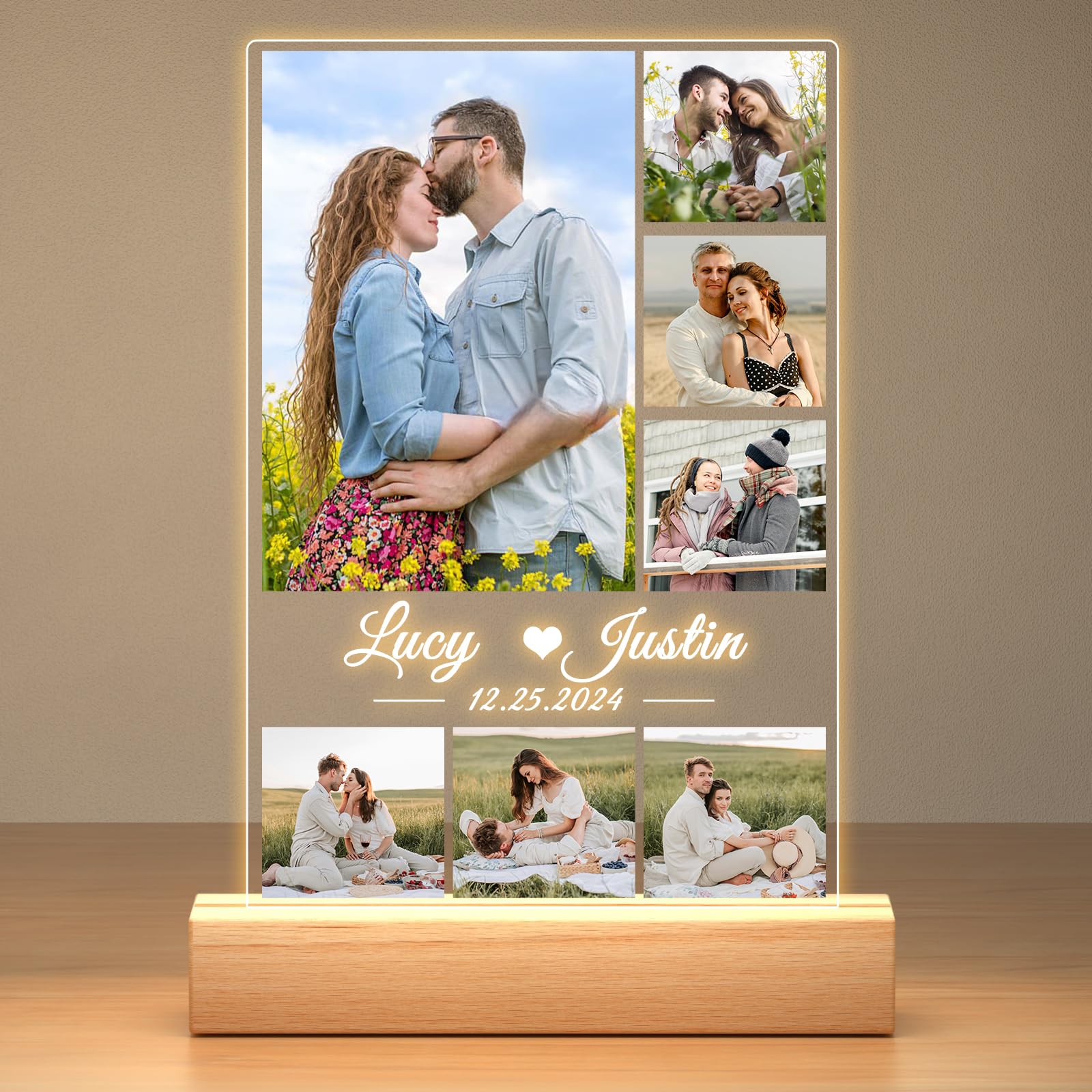 Personalised Anniversary Couple Gifts for Women & Men, Personalised Photo Frame with Photo, Custom Picture Frame with Night Light, Personalised Gifts for Him Her Boyfriend Girlfriend