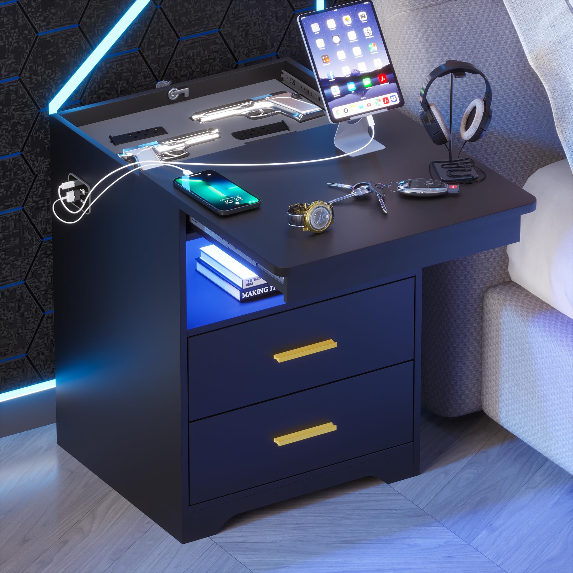LED Night Stand with Gun Drawer for Bedroom, Charging Bedside Table with USB & Type-C Port, Modern End Table with Human Sensor Light -Black
