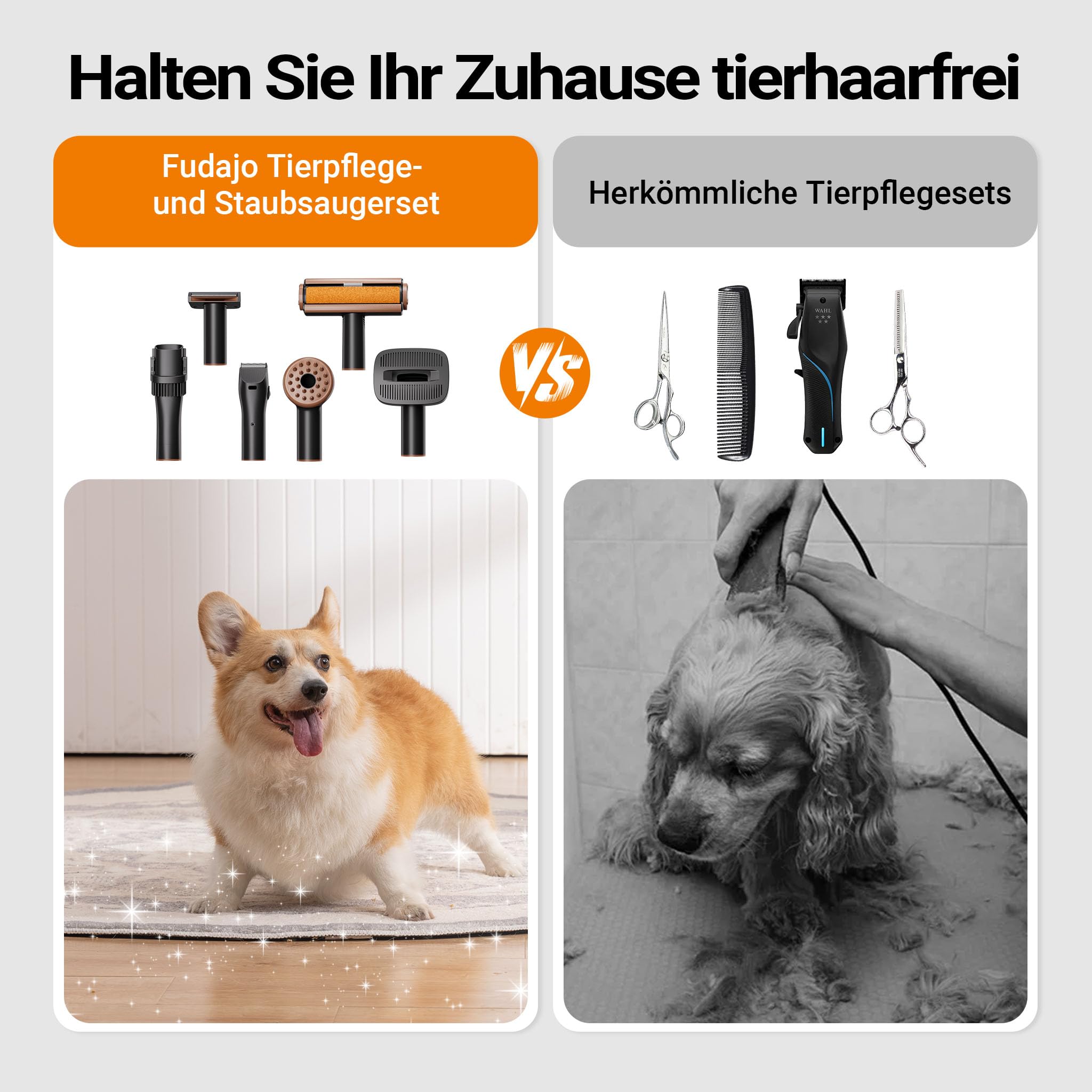 Fudajo Haustier Pflegeset weiß, 6 in 1 Multifunktion Schermaschine, Tierhaarschneidemaschine mit Staubsauger, Pflege Paket für glänzendes Fell