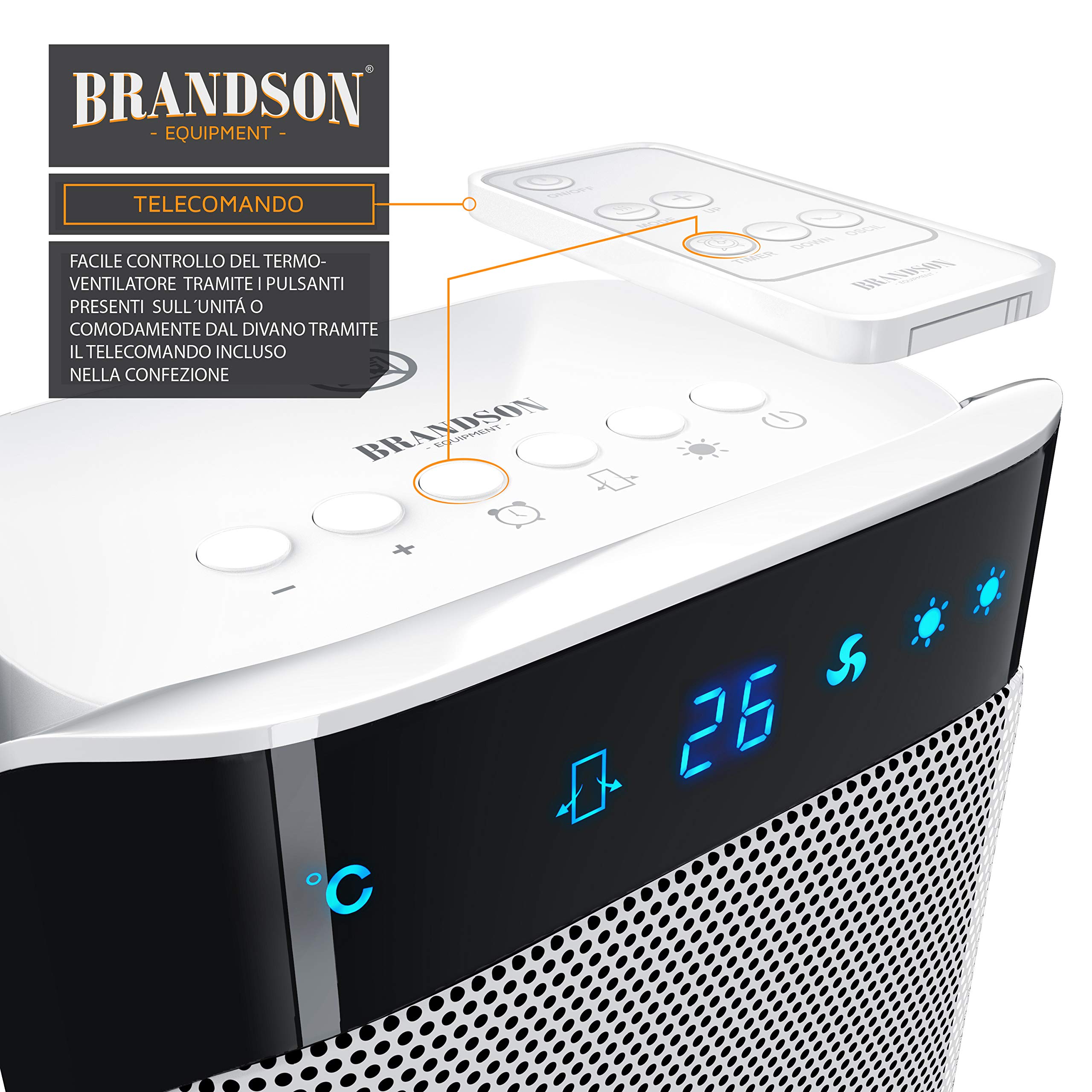 Brandson - Termoventilatore con Telecomando - Termoventilatore in Ceramica Bagno a Risparmio energetico, Silenzioso - Riscaldamento rapido con Funzione di Oscillazione - 2 Livelli di Riscaldamento -