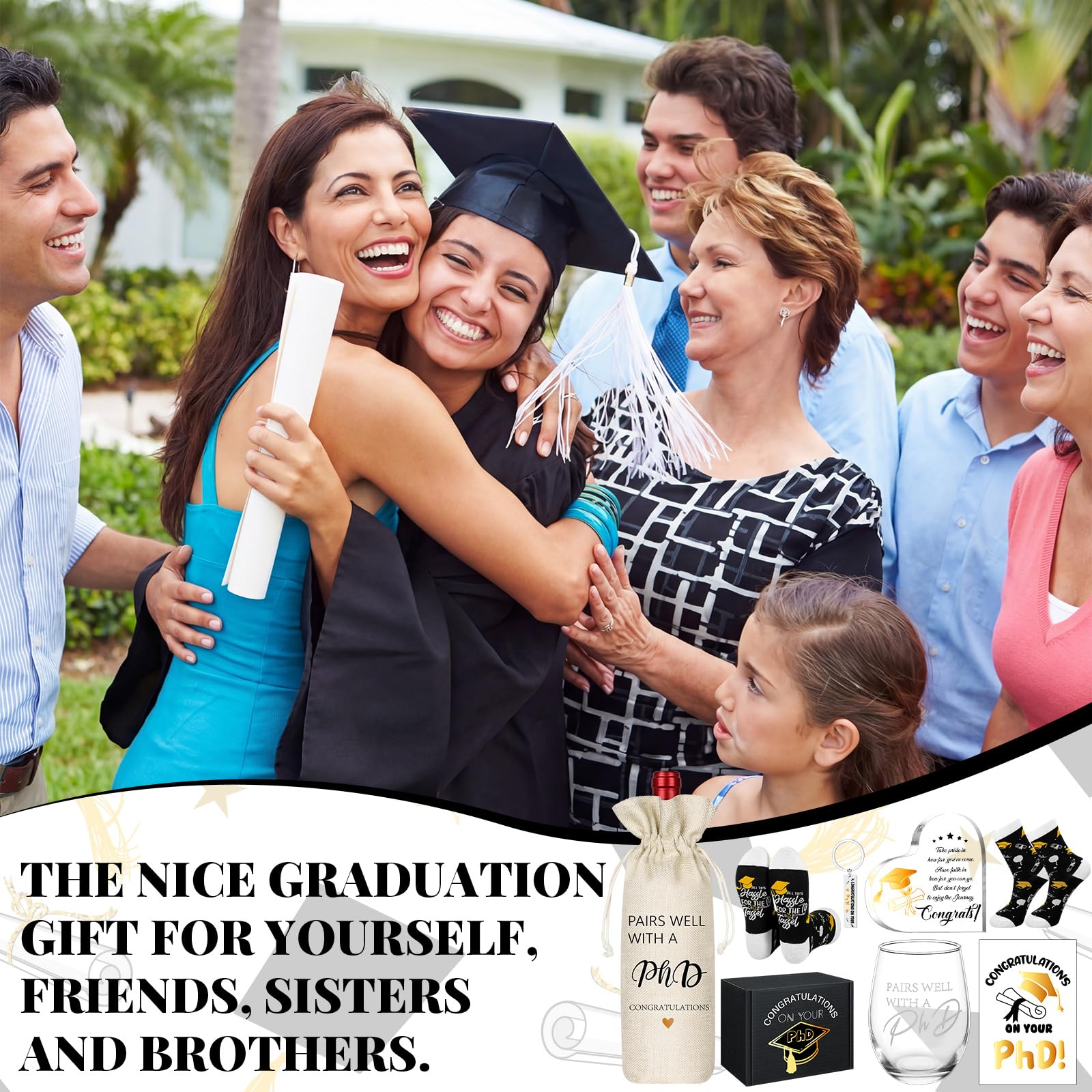 Chunful 7 Pcs PhD Graduation Gifts Doctorate Graduation Gift Set for Women, 17oz Wine Glass Wine Bag Keychain Acrylic Keepsake Socks Greeting Card & Box Funny Pairs Well with a PhD Gifts