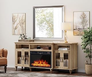 WAMPAT Farmhouse Fireplace TV Stand for 75 inch TV,Highboy Entertainment Center with 26'' Electric Fireplace & Glass Door Cabinets,Large TV Console Table with 7 Storages for Living Room,Oak