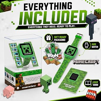 Minecraft Kids LED Smartwatch with 10 Creeper and Mob Watch Faces, Step Counter, Selfie Camera, Video Recorder, Voice Recorder, Timer, Fun Games, Calculator, and Wallpapers Fits Wrists 5.5-8.0