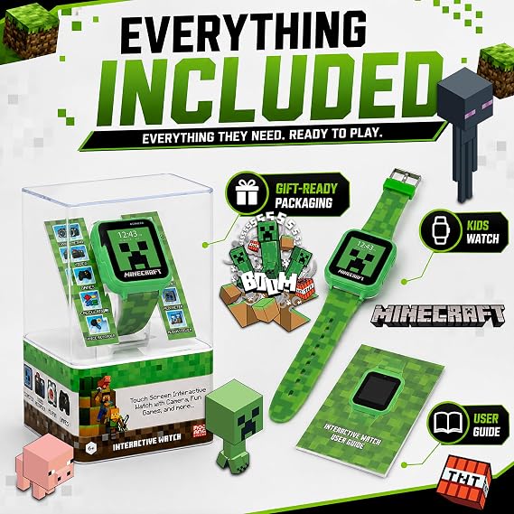 Minecraft Kids LED Smartwatch with 10 Creeper and Mob Watch Faces, Step Counter, Selfie Camera, Video Recorder, Voice Recorder, Timer, Fun Games, Calculator, and Wallpapers Fits Wrists 5.5-8.0