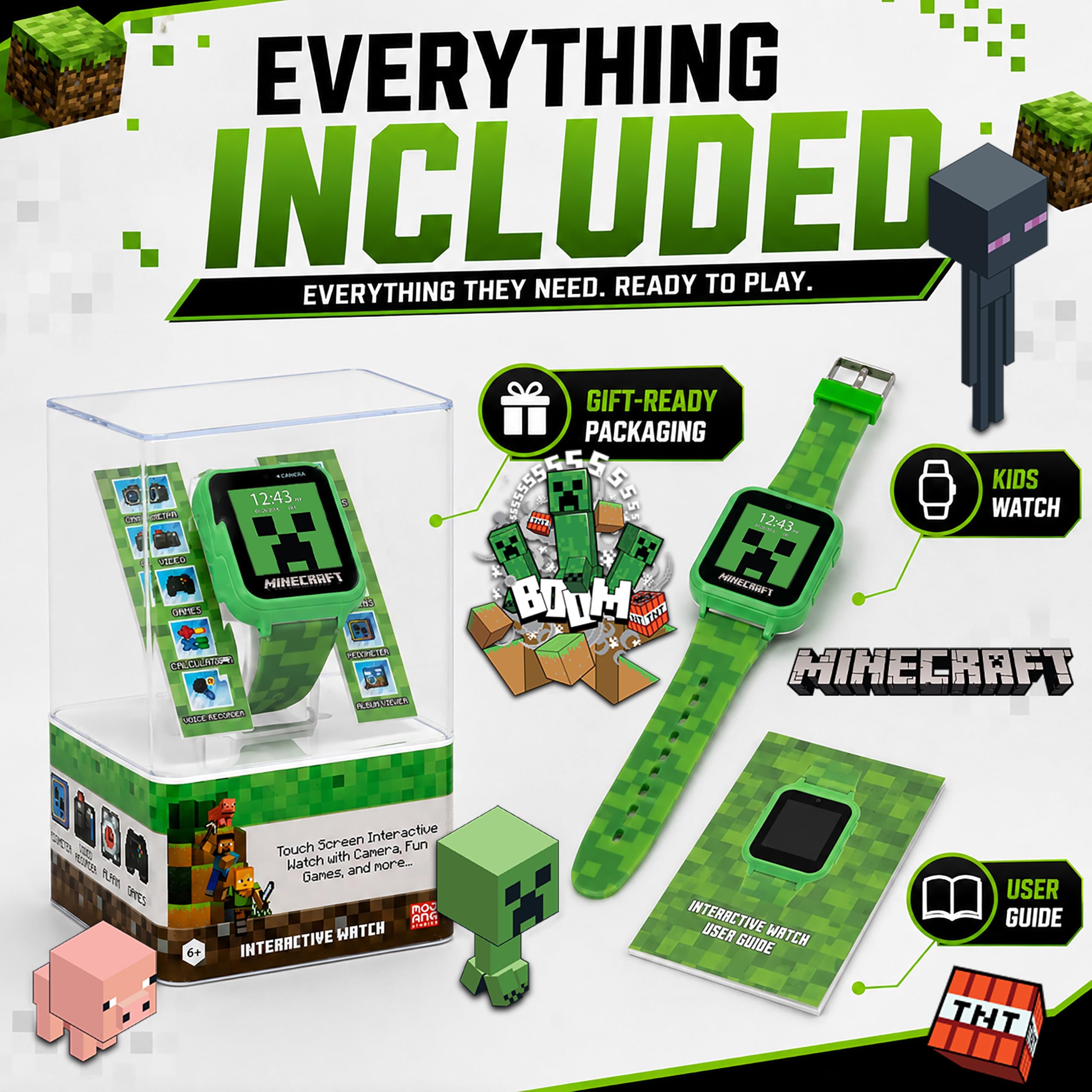 Minecraft, Smartwatch a LED per bambini, con 10 quadranti Creeper e Mob, contapassi, fotocamera per selfie, registratore video, registratore vocale, timer, giochi divertenti, calcolatrice e sfondi