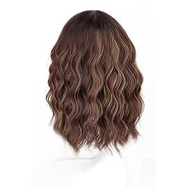 AISI HAIR Curly Bob Wig with Bangs Short Wavy Chestnut Mixed Dark Brown Color Wigs for Women Bob Style Synthetic Heat Resistant Bob Wigs