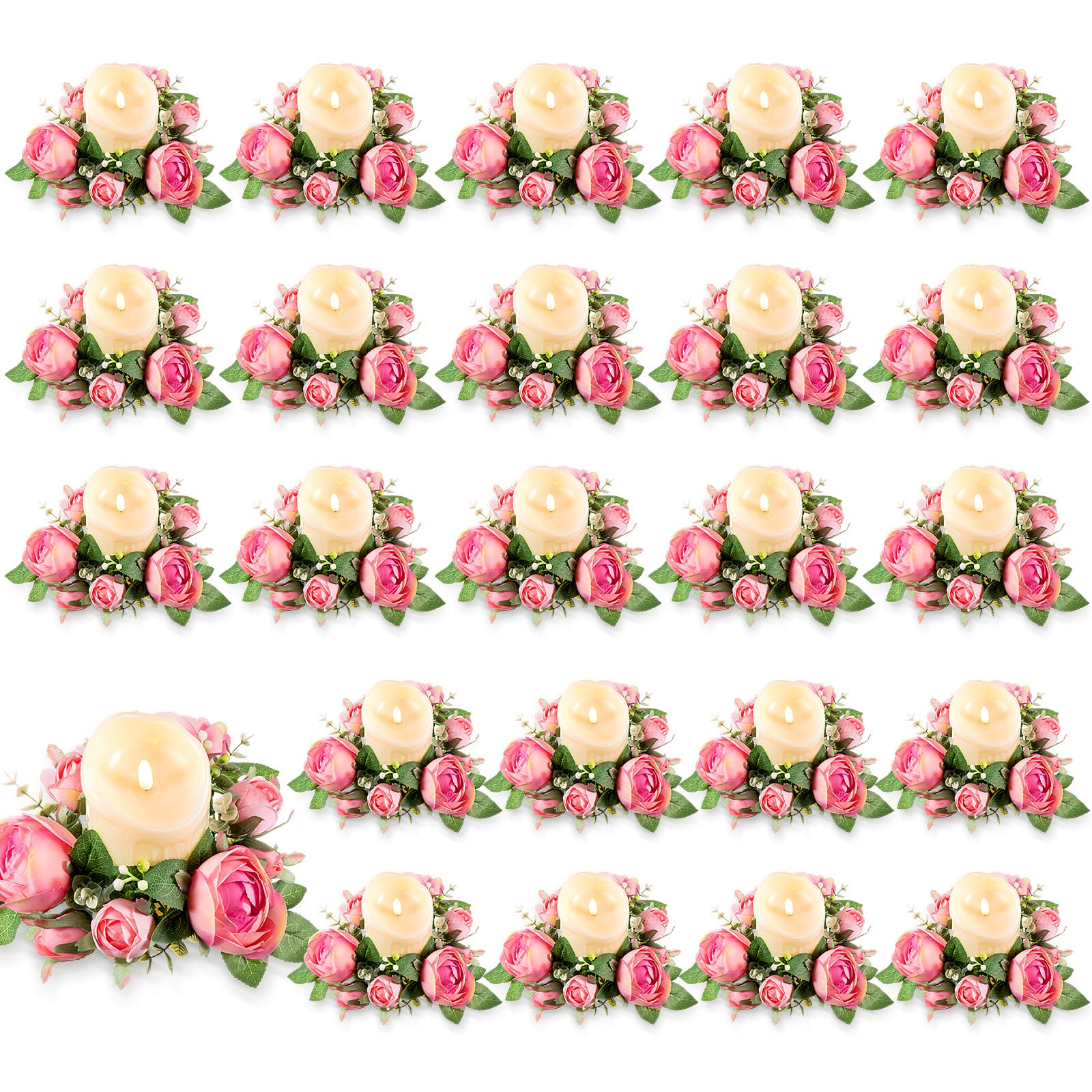 24pcs Candle Rings Bulk 3 Inch Artificial Candle Ring Wreaths with Flameless Candles Battery Operated LED Pillar Candleholders for Christmas Wedding Party Table Centerpiece Decor(Rose)