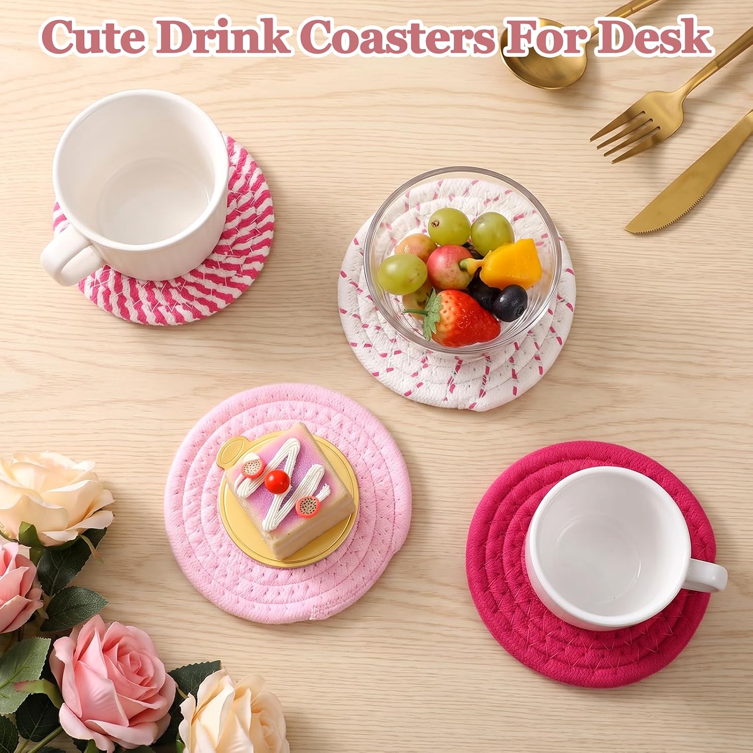 4 Pcs Drink Coasters, 4.3 in Pink Woven Fabric Coaster for Desk