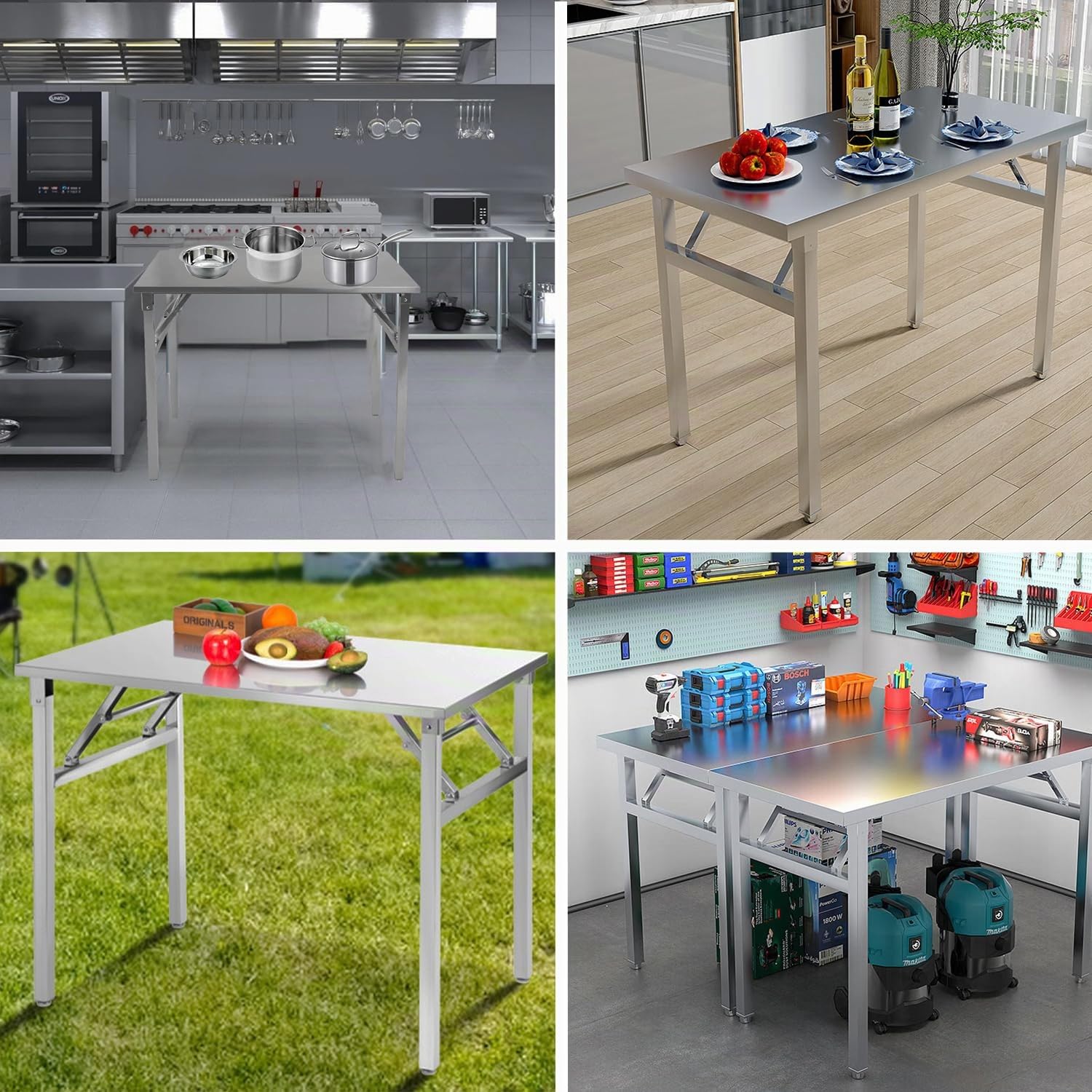 Mesa plegable de trabajo de acero inoxidable 120x60 cm - Mesa de gastronomía con capacidad de carga hasta 250 kg - Mesa de cocina de acero inoxidable para gastronomía - Mesa plegable para