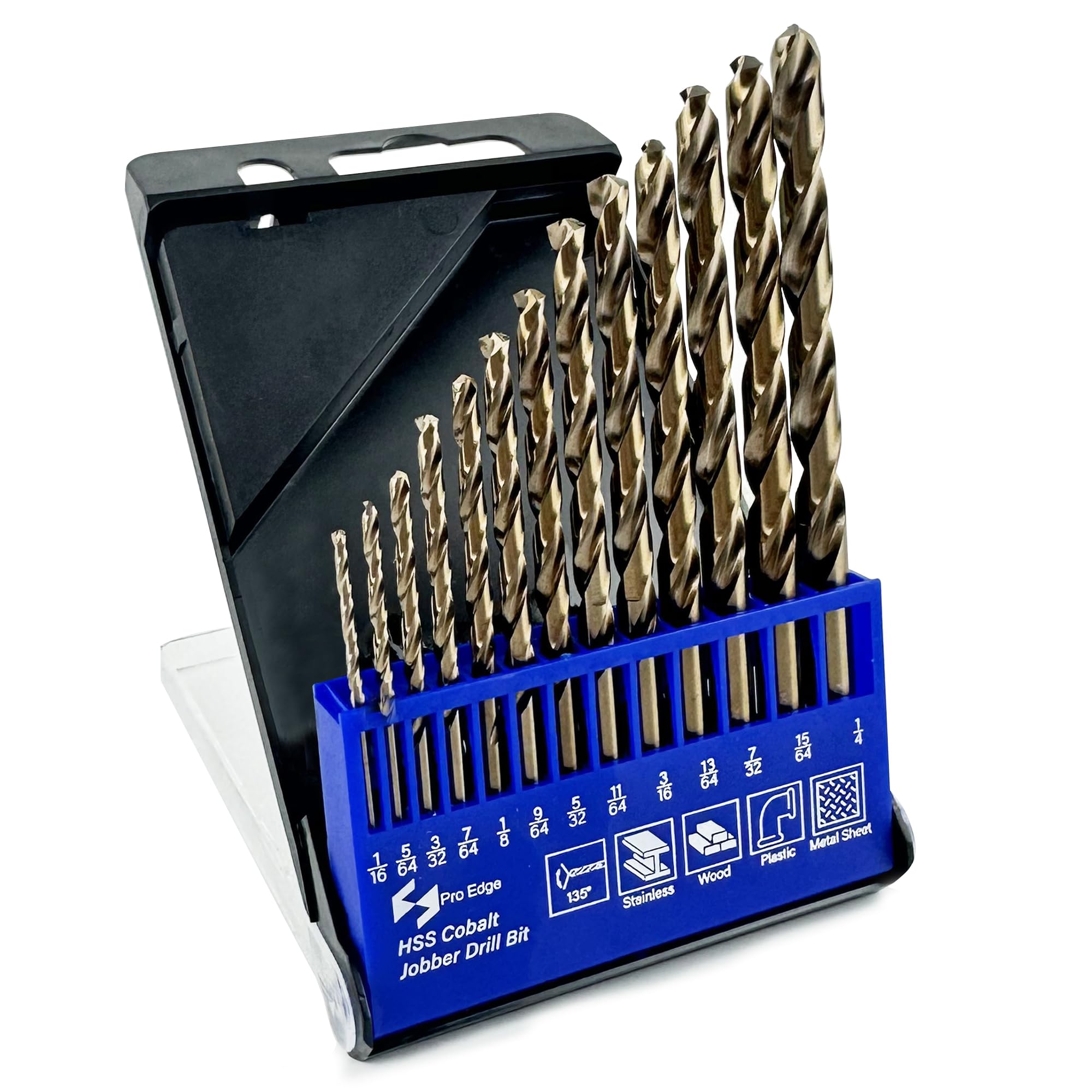 13pcs Cobalt Drill Bits Set, M35 High Speed Steel 135 Degree Tip Twist Jobber Drill Bits Set for Hardened Metal Stainless Steel Cast Iron Wood Plastic