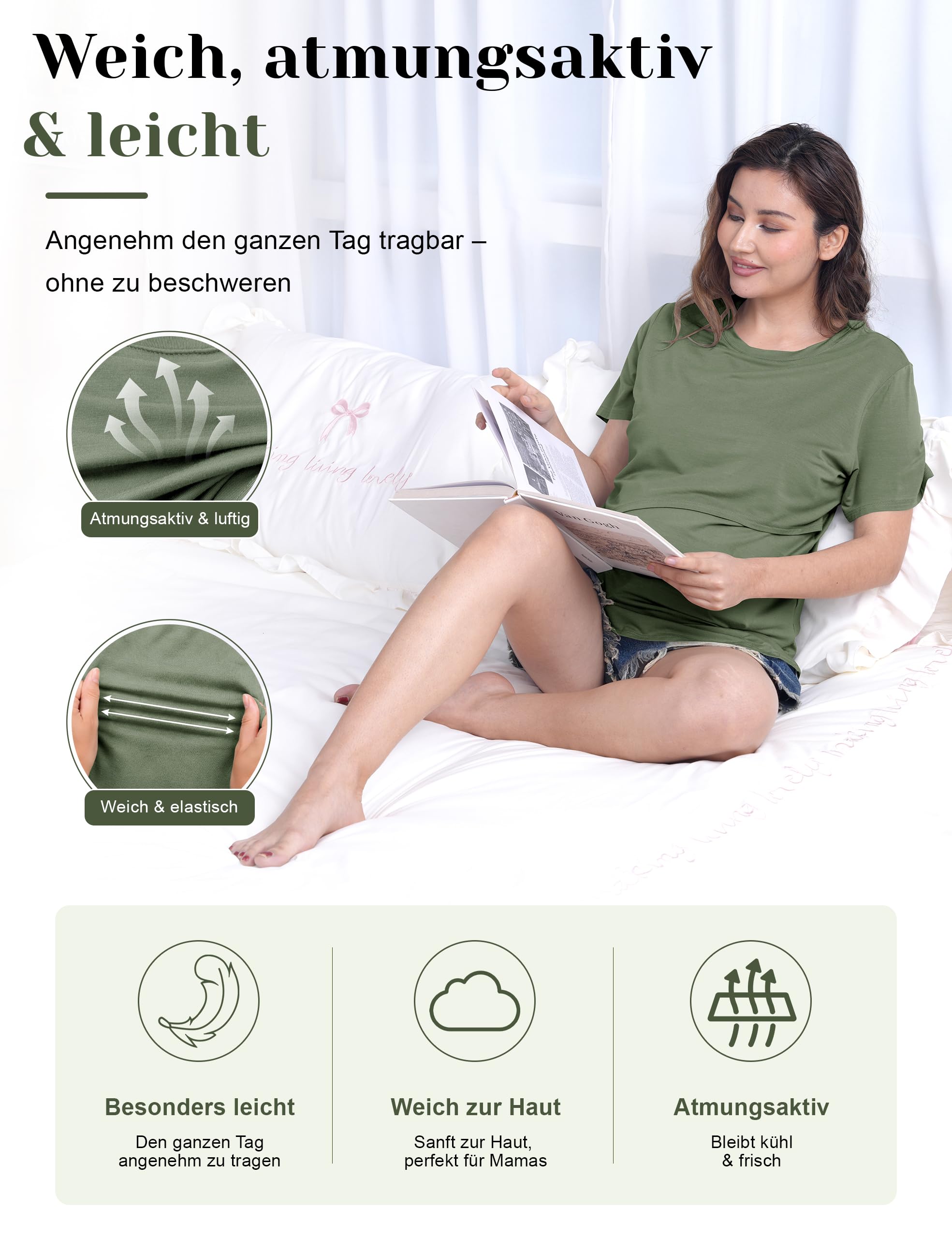 SUNNYBUY 3er Pack Stillshirt Damen Umstandsshirt Kurzarm – Keine Milchflecken, Stilltop Schwangerschaft & Stillzeit