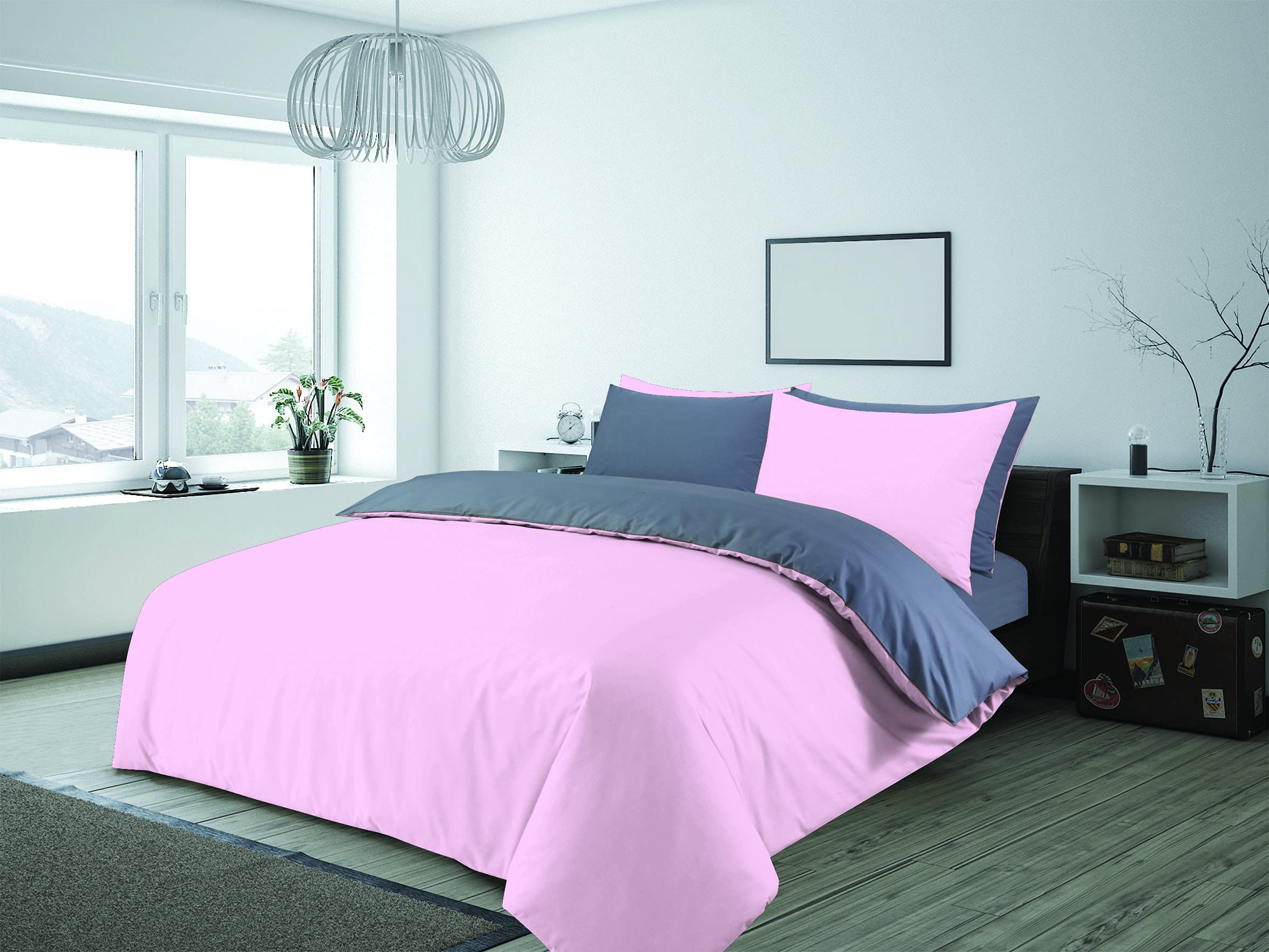 Charlotte Andersen Pink / Grey & Single Duvet Cover Plain Reversible Cotton Blended Bedding Set With Pillowcases