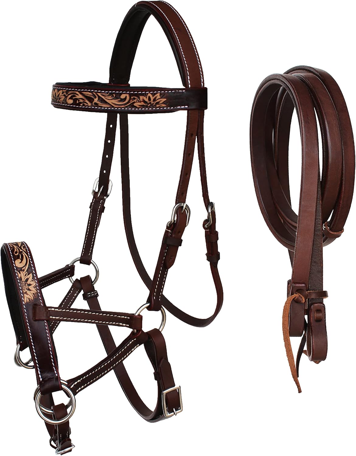 Horse Western Leather Bitless Sidepull Bridle Split Reins 77RS29BR