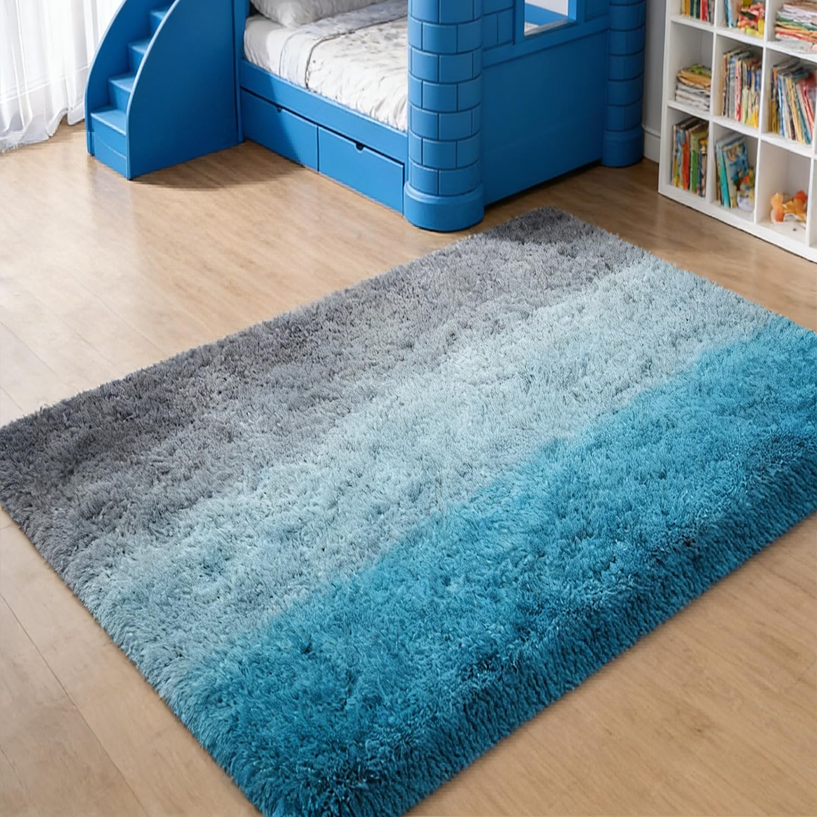 Tapis de chambre bleu lavable pour pieds nus sur moquette