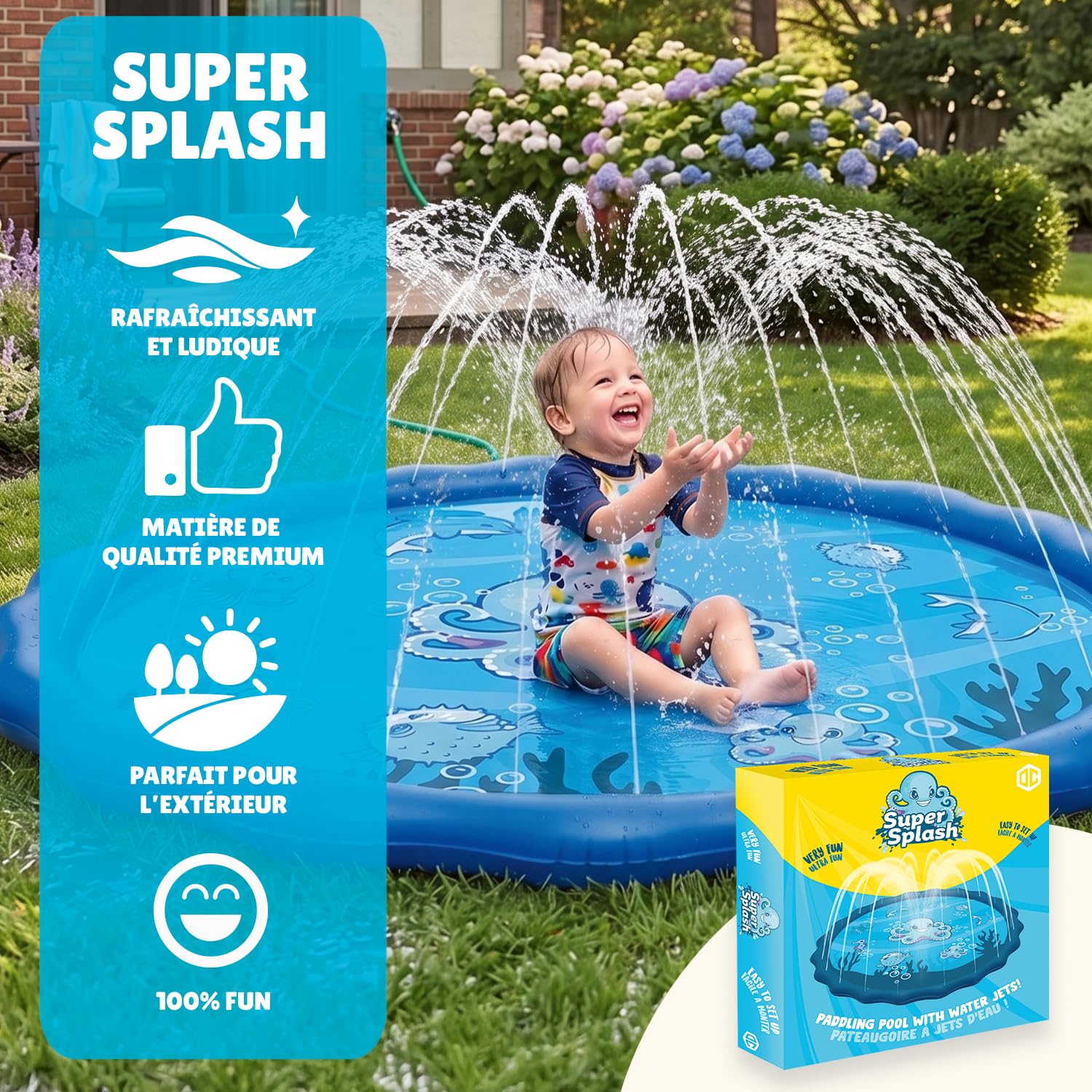 Super Splash® | Jeu d'eau pour Enfants | Tapis avec Jets d'eau 200 cm | Tapis Exterieur Enfant | Installation Facile | Arrosage Automatique | Jeux Famille Plein Air Fun & Ludique | OriginalCorner®