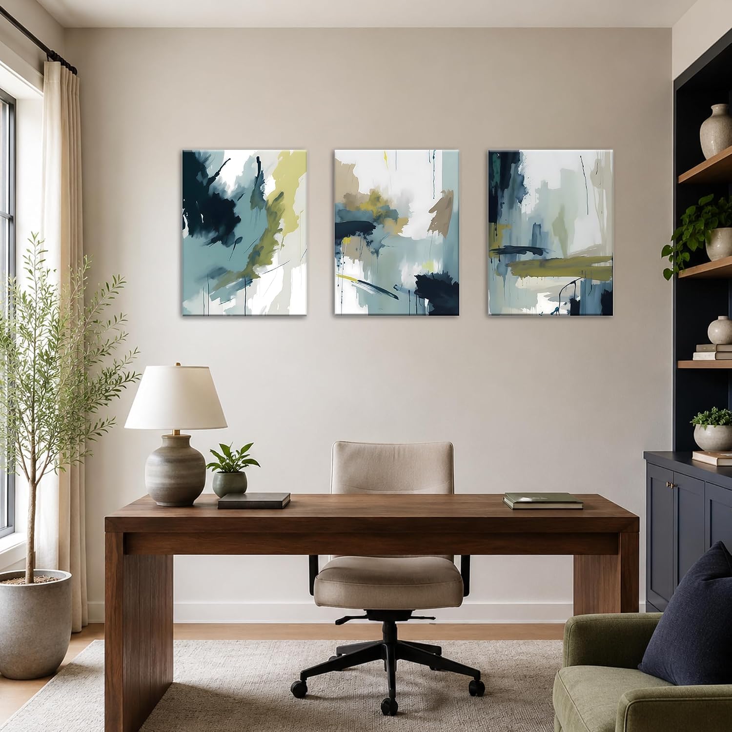 Motivilla 24x16 In Canvas Wall Art Set of 3, Blue Abstract Watercolor | Easy to Hang Canvas,Neutral Brush Stroke Watercolor For Bedroom, Living Room, Bathroom, Office Or Dorm Abstract Blue 24 x 16 in Canvas thumbnail 5