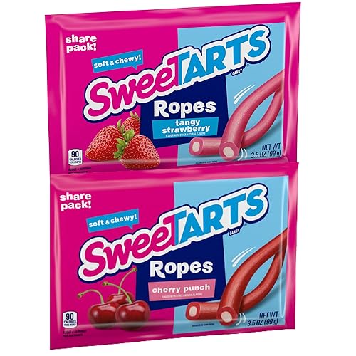 Miniatura 6 de Sweetzo Sweet Tarts Cuerdas suaves y masticables, caramelos con sabor a cereza y fresa picante, surtido de caramelos de gomitas, paquete de 2, 3.5