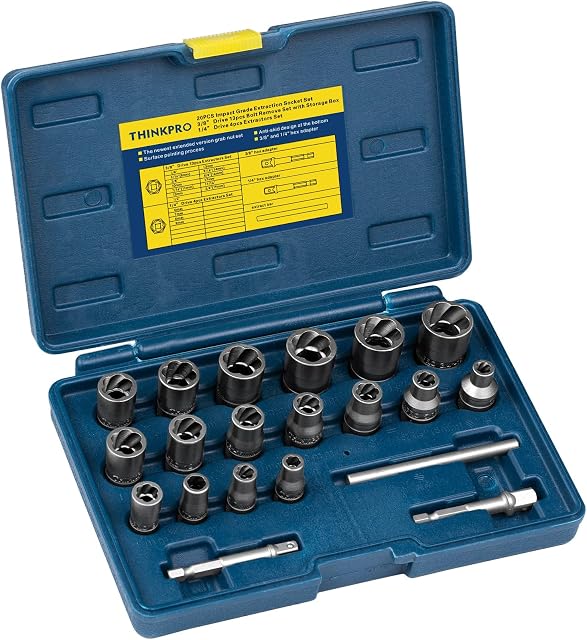 THINKPRO 20PCS Bolt Extractor Set, Lug Nut Remover with 1/4'' & 3/8" Drive, Stripped Bolt Remover Socket Set for Removing Damaged, Frozen, Rusted, Rounded-Off Bolts, Nuts & Screws