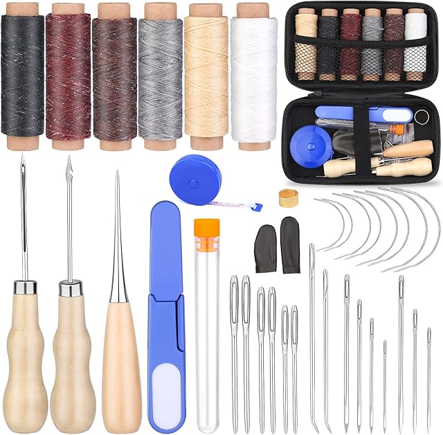 38 Pcs Leather Sewing Tools with Storage Bag, Leather Sewing Kit, Leather Sewing Stitching Needles, Waxed Thread and Leather Craft Accessories, Leather Sewing Kits for Beginners and Professionals