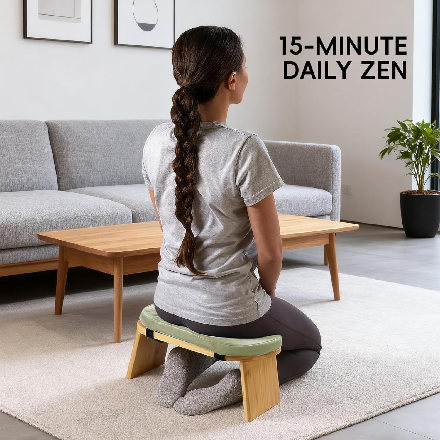 Natural Beech Wood Yoga Bench, Ergonomic Design for Kneeling, Meditation, Pilates, FSC Certified (Green)