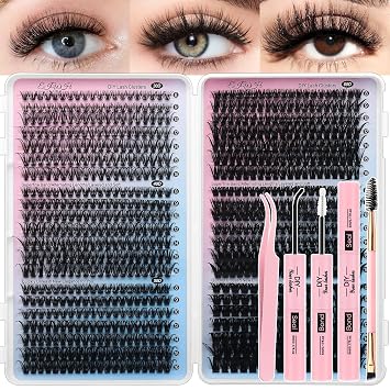 Lash Clusters Kit 812Pcs Individual Cluster Lash Extensions Kit 30D+40D+50D+60D+80D+100D Wispy Eyelash Clusters with Lash Bond and Seal and Tweezers 8-16mm 6 Styles Mix Lashes Clusters Kit