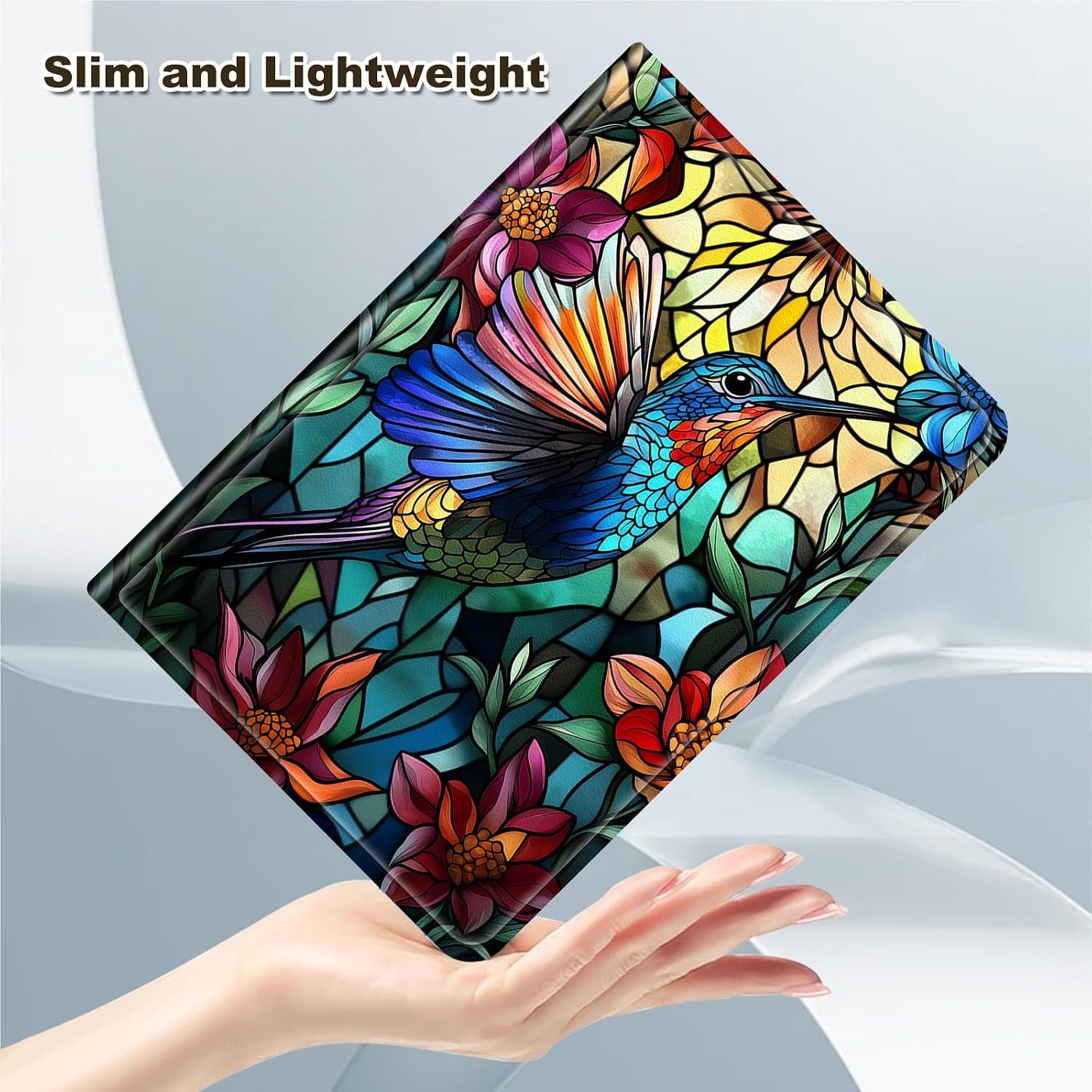 Case for 7" Kindle Paperwhite 12th Generation 2024 and Kindle Colorsoft, Multi-Angle Viewing Leather Smart Stand Back Cover with Auto Sleep Wake, Hummingbird Stained Glass