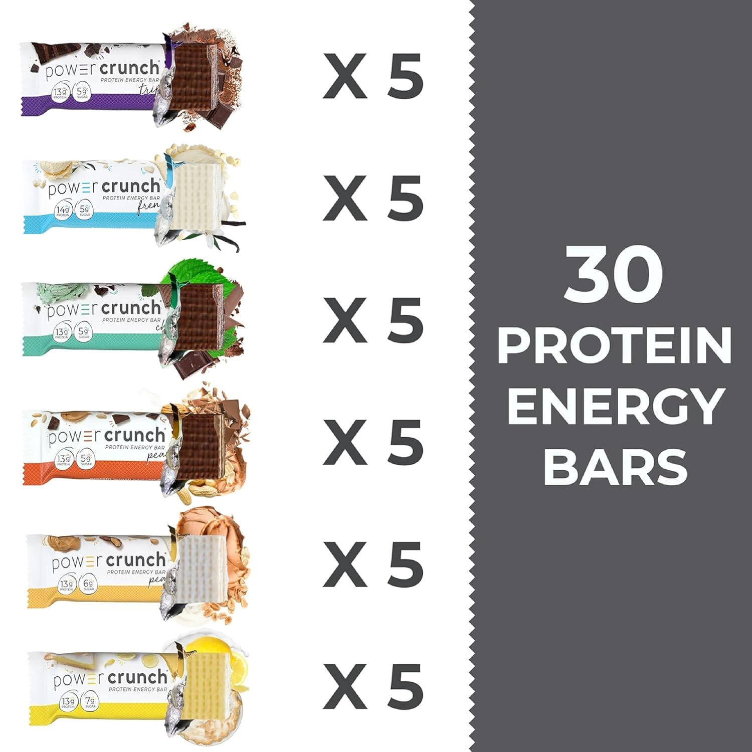 Power Crunch Protein Wafer Bars, Variety Pack, in 6 Flavors 1.4 Ounce Bars (30 Count). High Protein Snacks with Delicious Taste