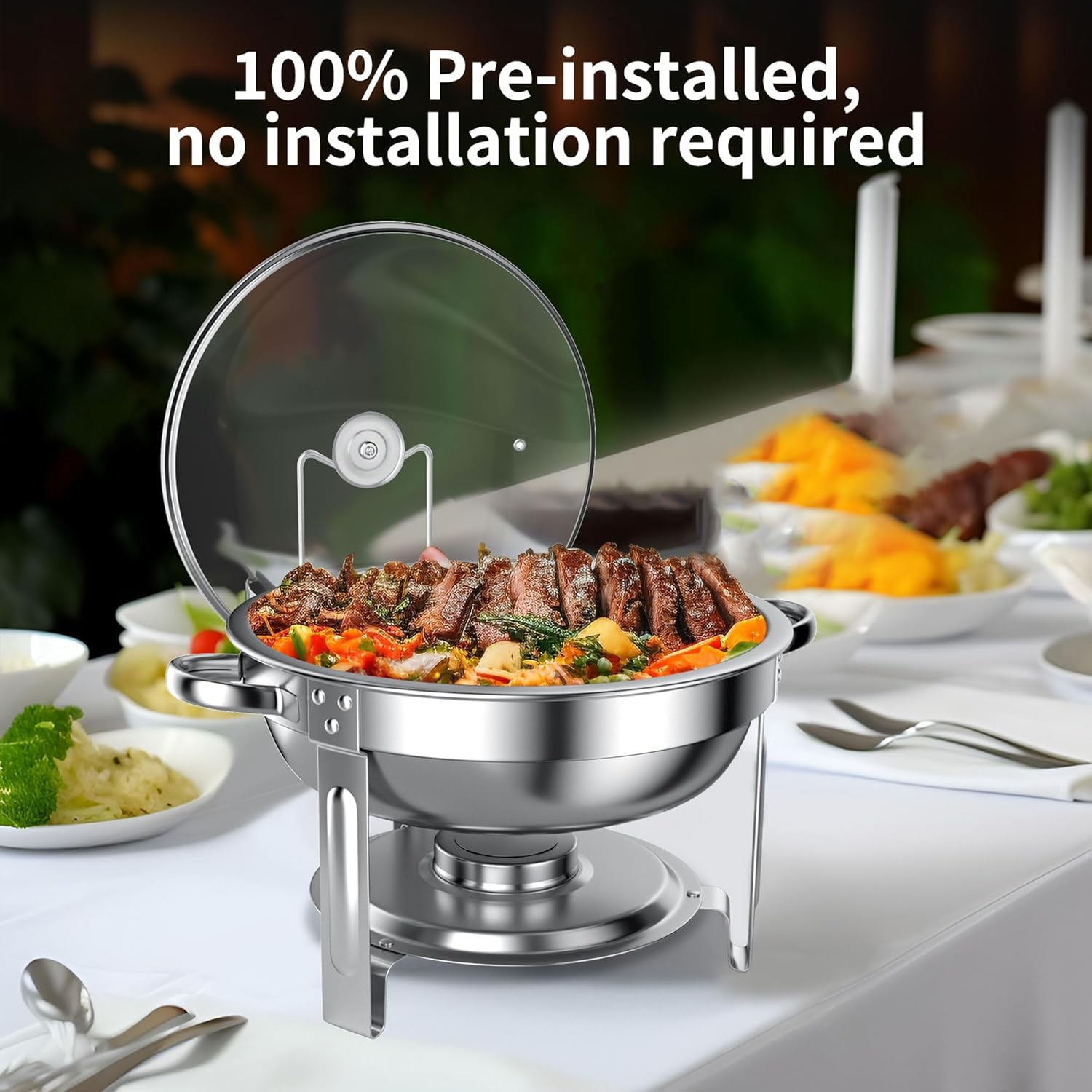 Chafing Dishes for Buffet Set: 100% Pre-Installed Chafers for Catering - Round Chafing Dish Buffet Set with Lids | Chafers and Buffet Warmers Sets | Serving Food Warmer | Chafers Servers Sets