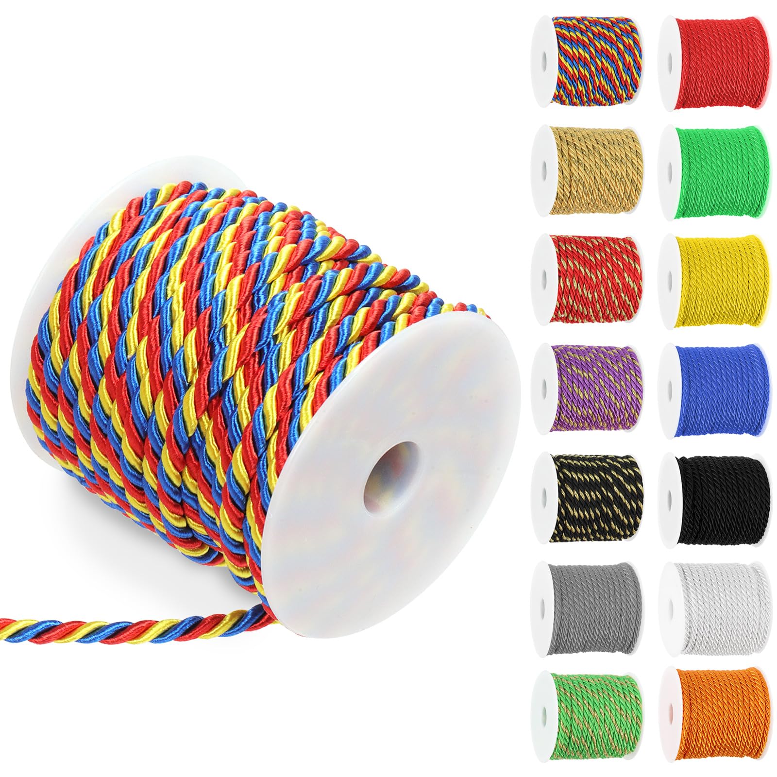 Swpeet 5mm 19 Yards Red Yellow Blue Twisted Cord 3-Ply Polyester Twisted Decorative Cord Shiny Viscose Cording Thread for Sewing & Crafting Home Decor Curtain Tieback, Craft Gift Bag, Graduation Cord