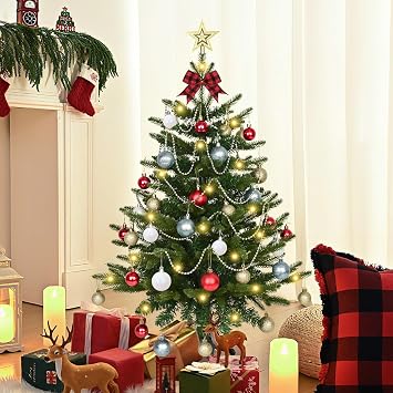 Uspring 3FT Small Christmas Tree with Lights, Artificial Table Top Christmas Tree with 50 LED Lights and Hanging DIY Ornaments, Mini Xmas Trees for Indoor Holiday Home Party Decorations