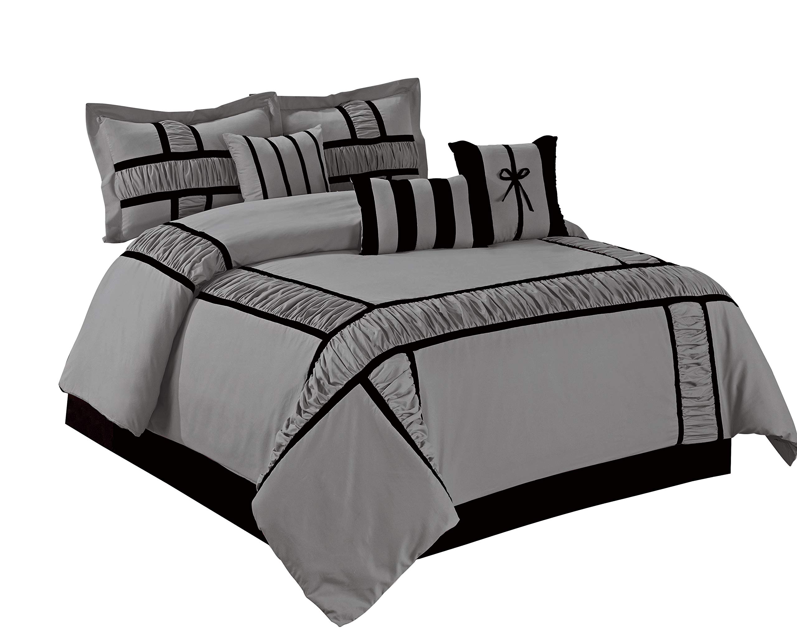 BEDnLINENS 7 Piece Comforter Set Queen- Gray Microfiber Ruffle and Patchwork-MARMA Bed in A Bag Queen Size-Includes 1 Comforter,2 Shams,3 Decorative Pillows,1 Bedskirt