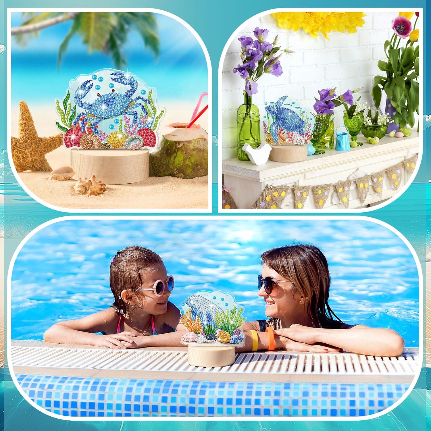 Chunful 13 Pcs Interchangeable Ocean Diamond Art Tabletop with Wooden Light Base Summer Ocean Animal Diamond Tabletop Decor DIY Blue Theme Diamonds Painting Kit for Home Office Tiered Tray Table Decor