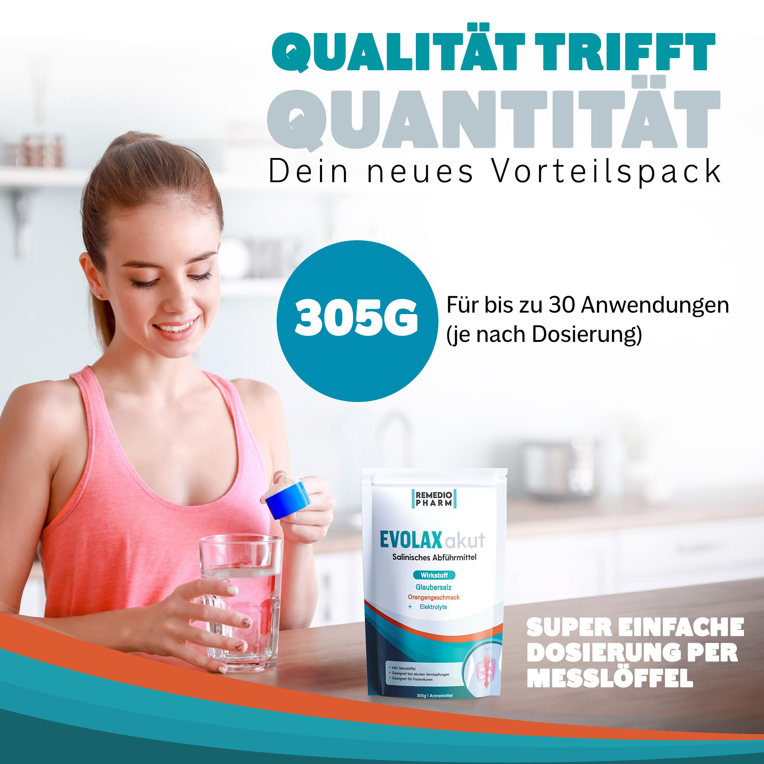 Evolax Orange| Schnell wirkendes Abführmittel | Glaubersalz mit Geschmack + Elektrolyte |starke Wirkung/ | 305g XXL Packung/Bei akuten Verstopfungen, Fastenkuren & zur Darmreinigung (2)