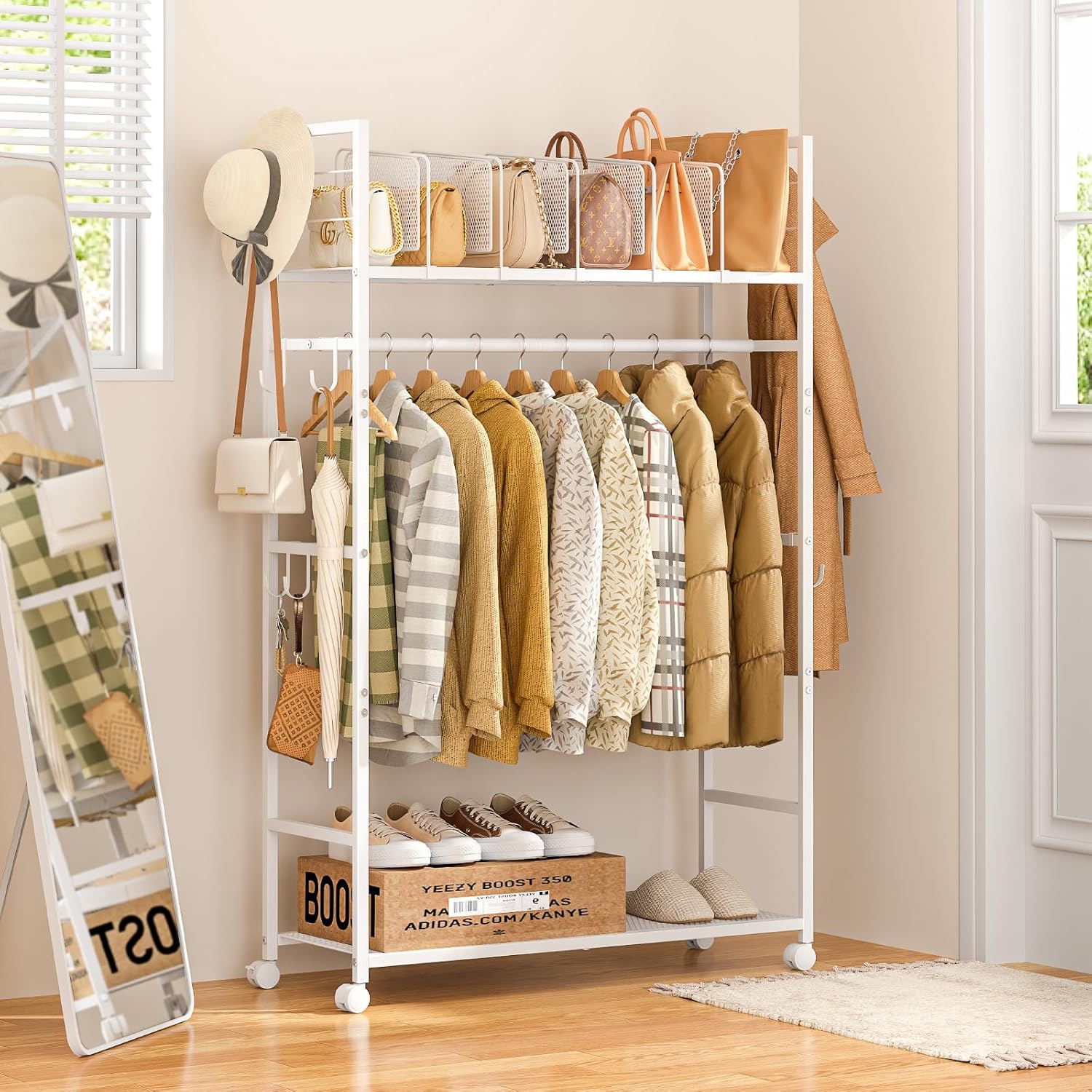 Portable Clothes Rack with Adjustable Shelf Divider, Freestanding Closet Organizers and Storage, Garment Rack and Purse Storage with 8 Hooks, Clothes Organizer on Wheels for Hanging Clothes, White