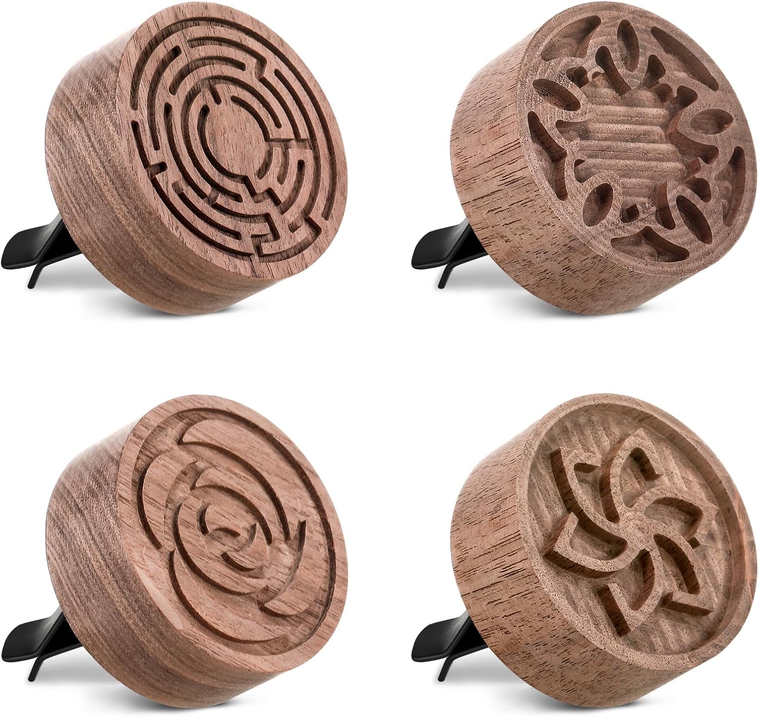 4 Pcs Car Oil Diffusers Aromatherapy Passive Essential Oil Diffuser with Vent Clip Walnut Wood Round Air Freshener Portable for Cars Offices Yoga Sauna Rooms(Romantic)