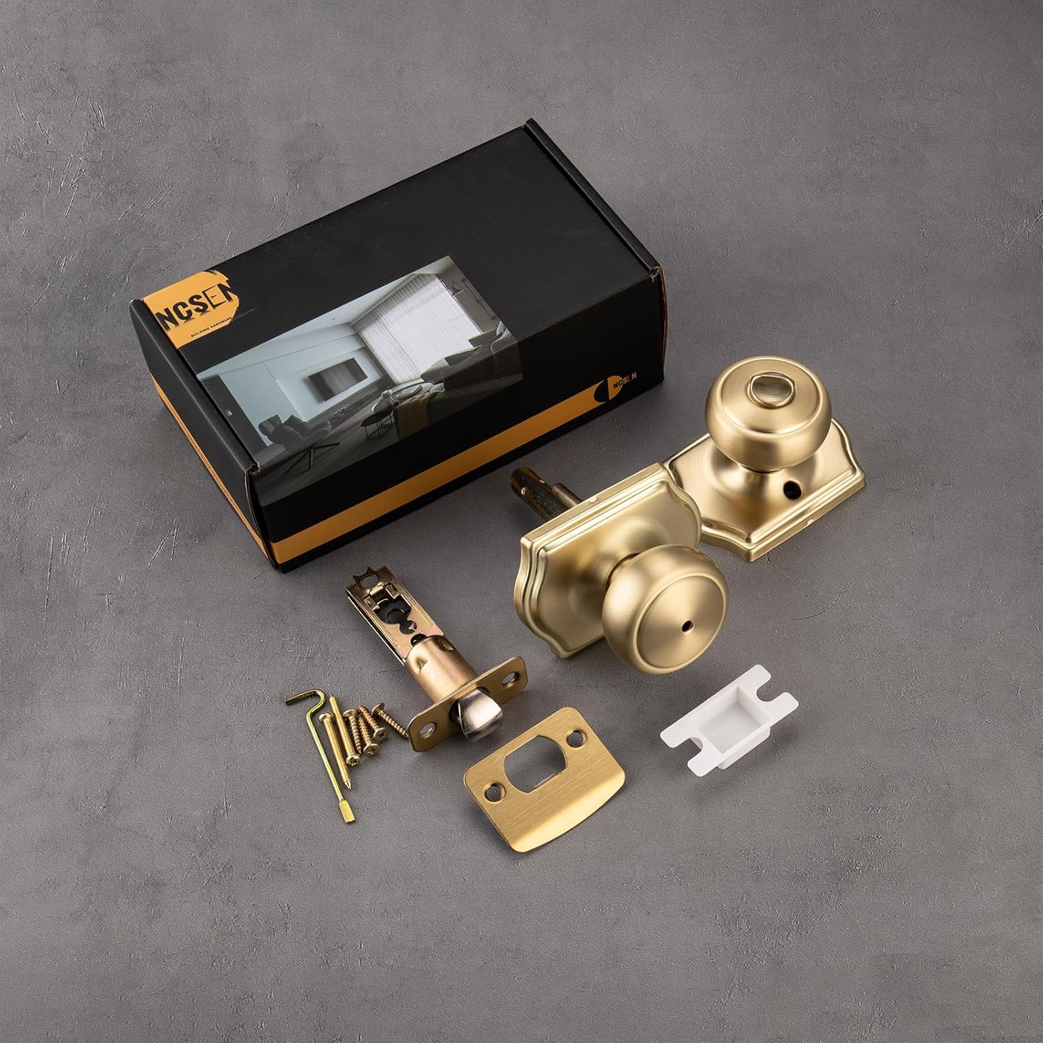 6 Pack Gold Door Knobs with Camelot Trim,Interior Door Knob with Lock,Coastal Privacy Door knob for Bath and Bedroom, Satin Brass
