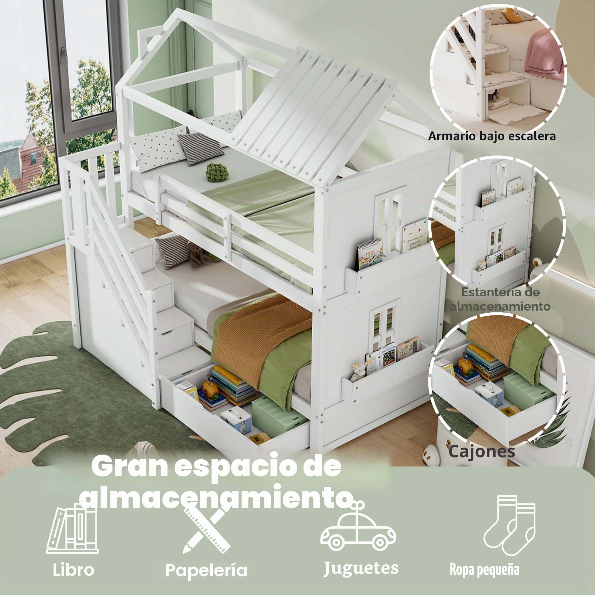 Dolamaní Cama Litera para 2 niños, 90 x 200 cm, espacio de almacenamiento, escaleras, cajones y estantes, madera de pino (blanco)