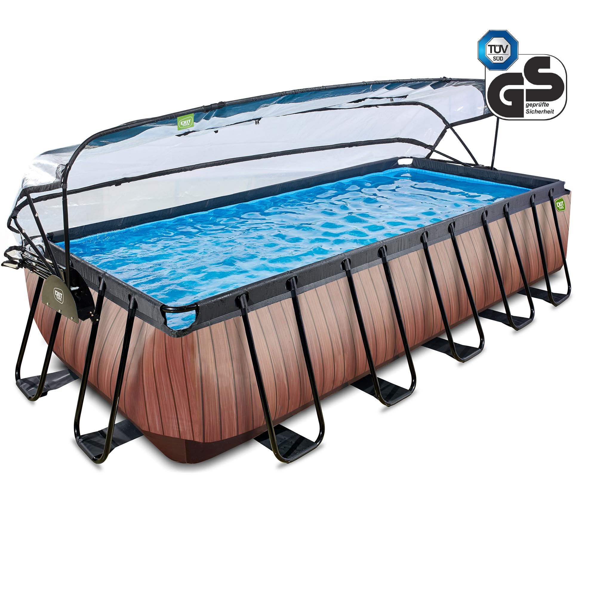EXIT Toys Wood Pool con Cubierta Multifuncional - 540x250x122cm - Piscina de Marco Rectangular con Bomba de Filtro de Arena y Escalera de Piscina - Extra Profunda - para Agua Limpia y Cálida - Marrón