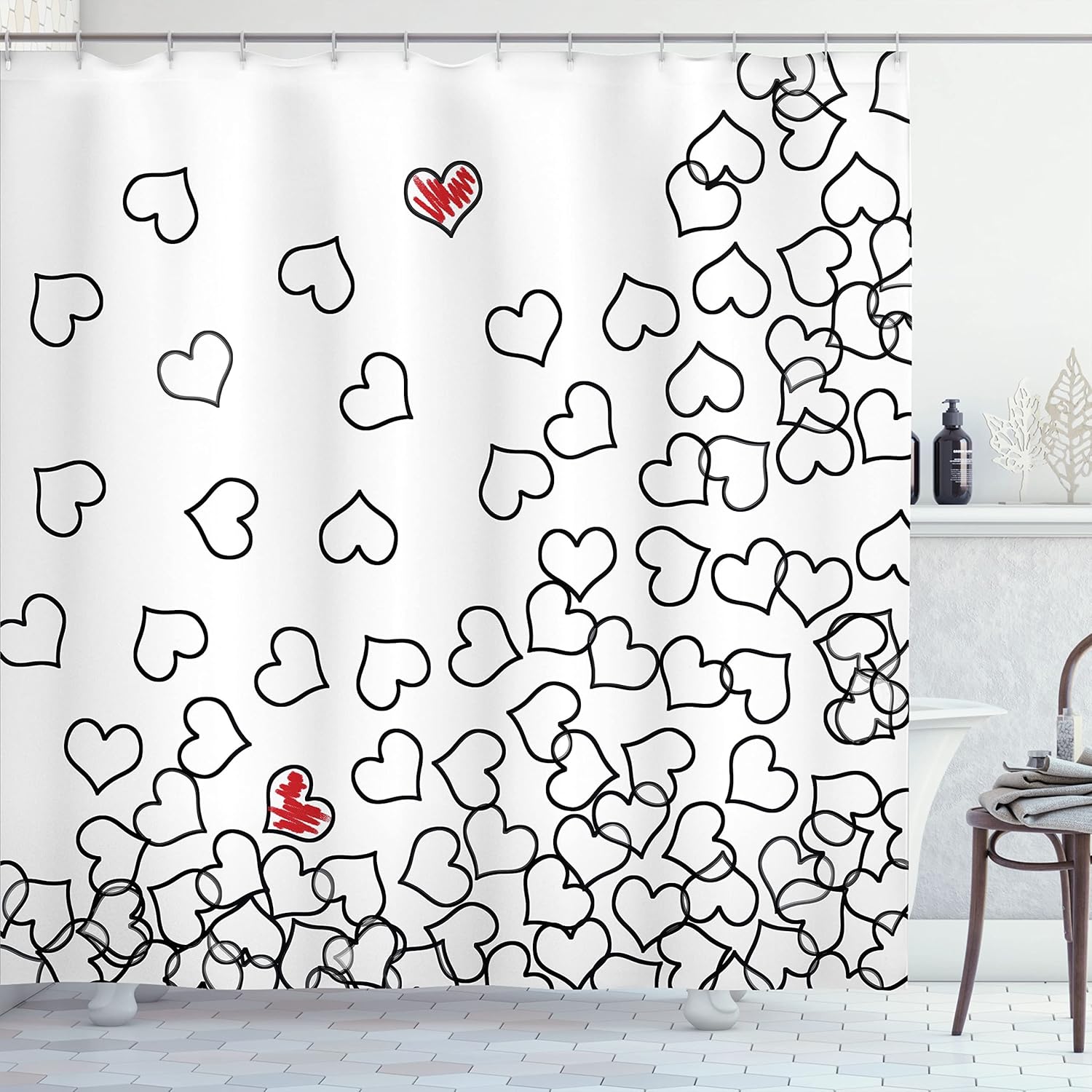 Ambesonne Black and White Shower Curtain, Heart Shapes Illustration Love You Bridal Wedding His and Hers Theme, Cloth Fabric Bathroom Decor Set with Hooks, 69" W x 70" L, White Red