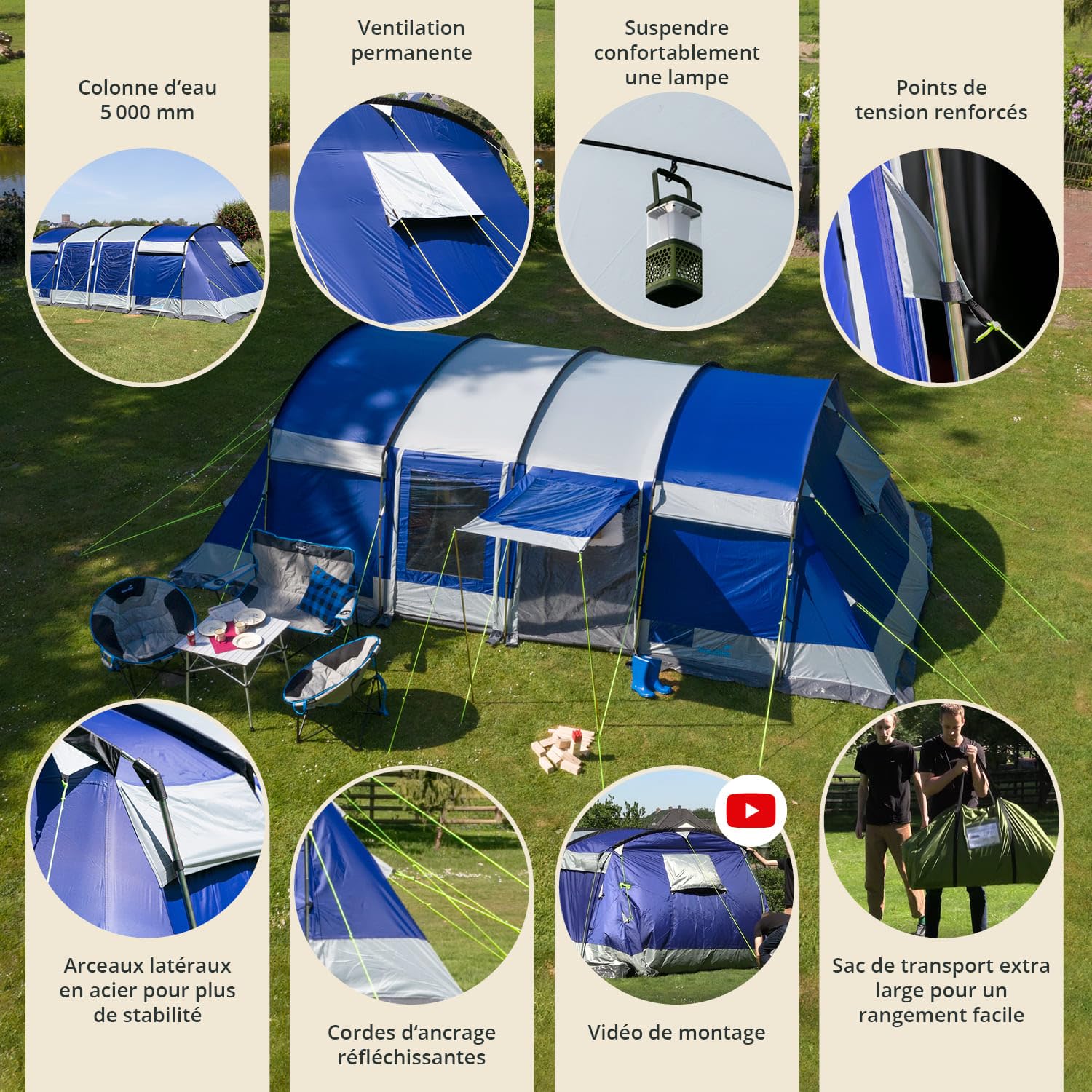 Skandika Tente Tunnel Montana 10 Personnes | Tente de Camping avec/sans Tapis de Sol Cousu, avec Technologie Sleeper, 3-4 cabines de Couchage, Colonne d'eau 5000 mm