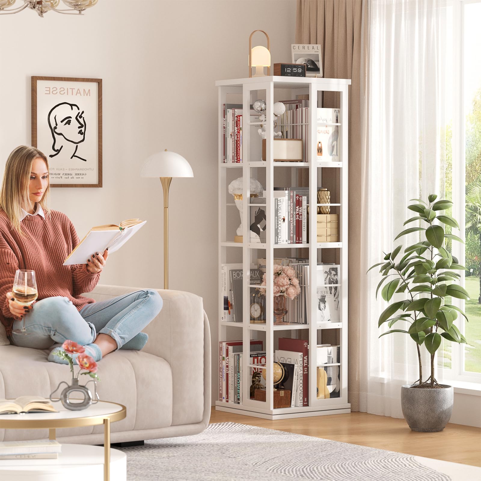 iSunirm Estantería giratoria, estantería de Esquina, estantería giratoria de Madera con rotación de 360°, estantería de pie Estrecha con Organizador Giratorio para Espacios pequeños, Blanca