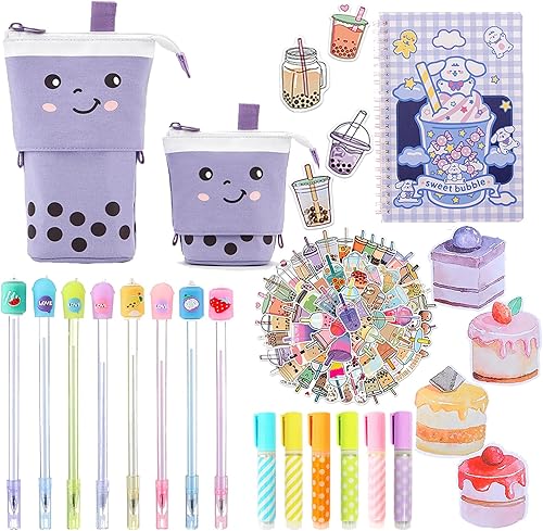 Kawaii - Juego de bolígrafos de tinta de gel, estuche Boba para lápices, rotuladores de notas adhesivas, suministros escolares para niños,