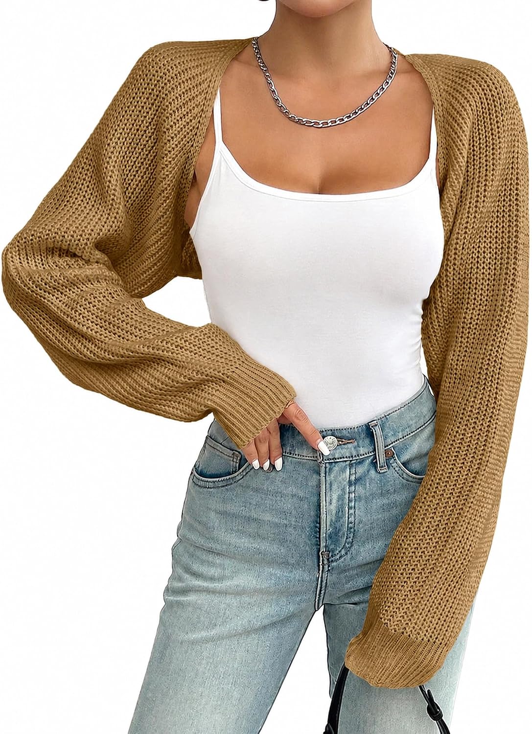 Womens Bolero Shrug Cropped Cardigan Y2K Long Sleeve Half Sweater