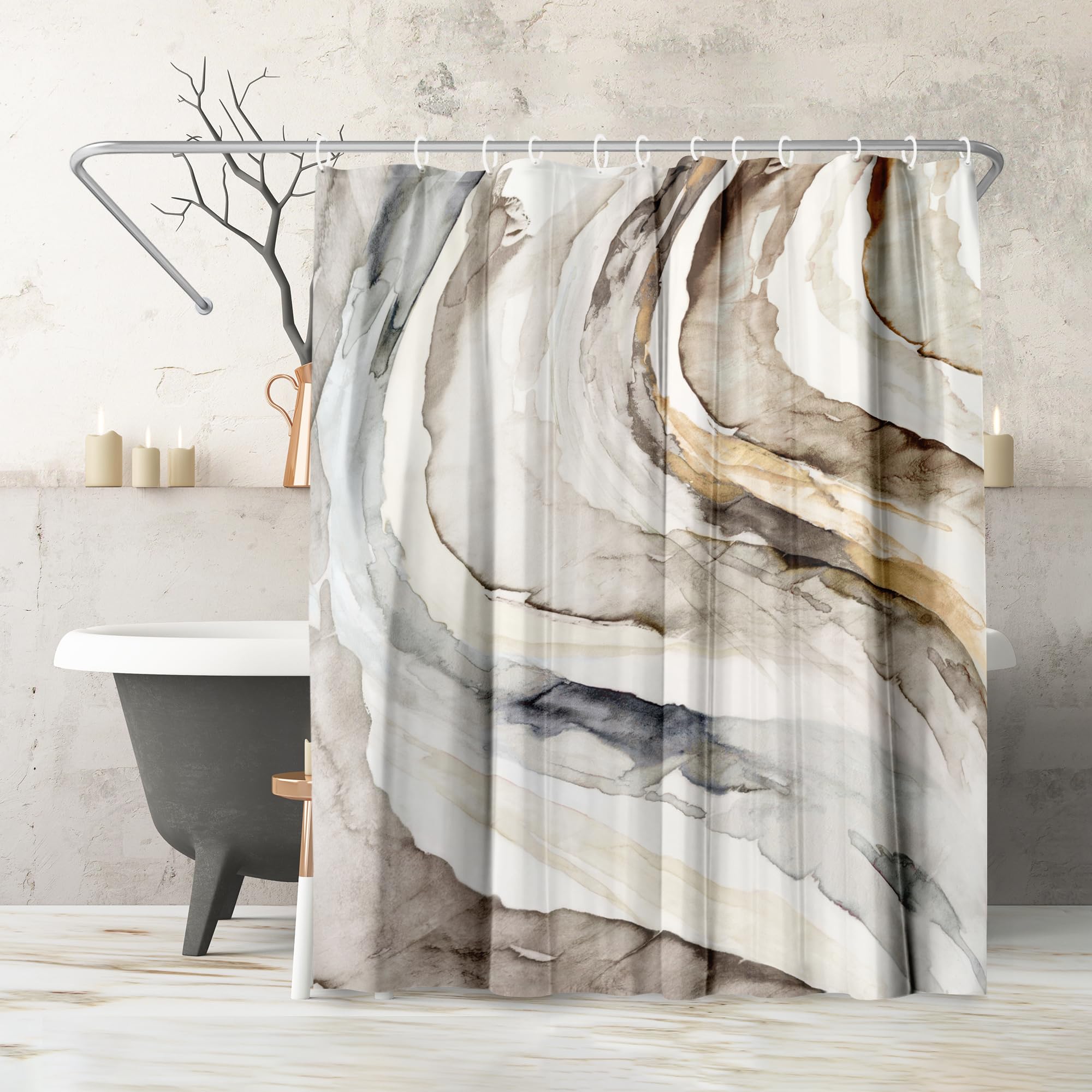 Americanflat71x74 Marble Shower Curtain - Water-Resistant Long Shower Curtain with Durable Metal Grommets and 12 Hooks - 100% Polyester - Taupe, Beige, Gold, Charcoal and White