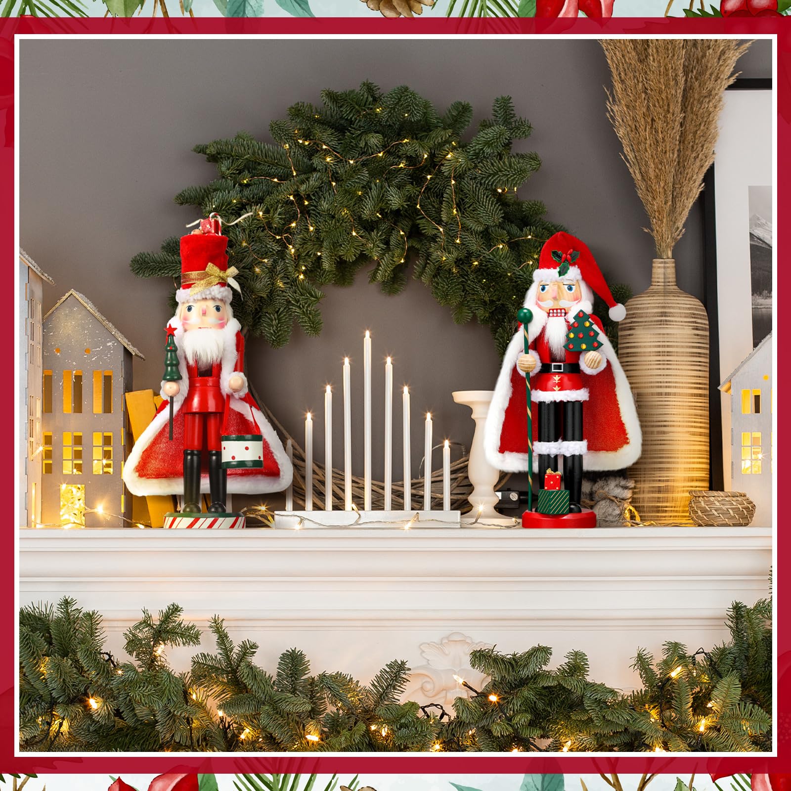 Soaoo Nussknacker-Figuren aus Holz, 33 cm, Weihnachtsmann-Nussknacker, dekorativ, rot, grün und weiß, Nussknacker, für Weihnachten, festliche Geschenke, Tischdekoration, 2 Stück